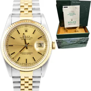 Rolex DateJust 36mm 18K Gold Steel No-Holes Case Champagne Watch 16233 PAPERS