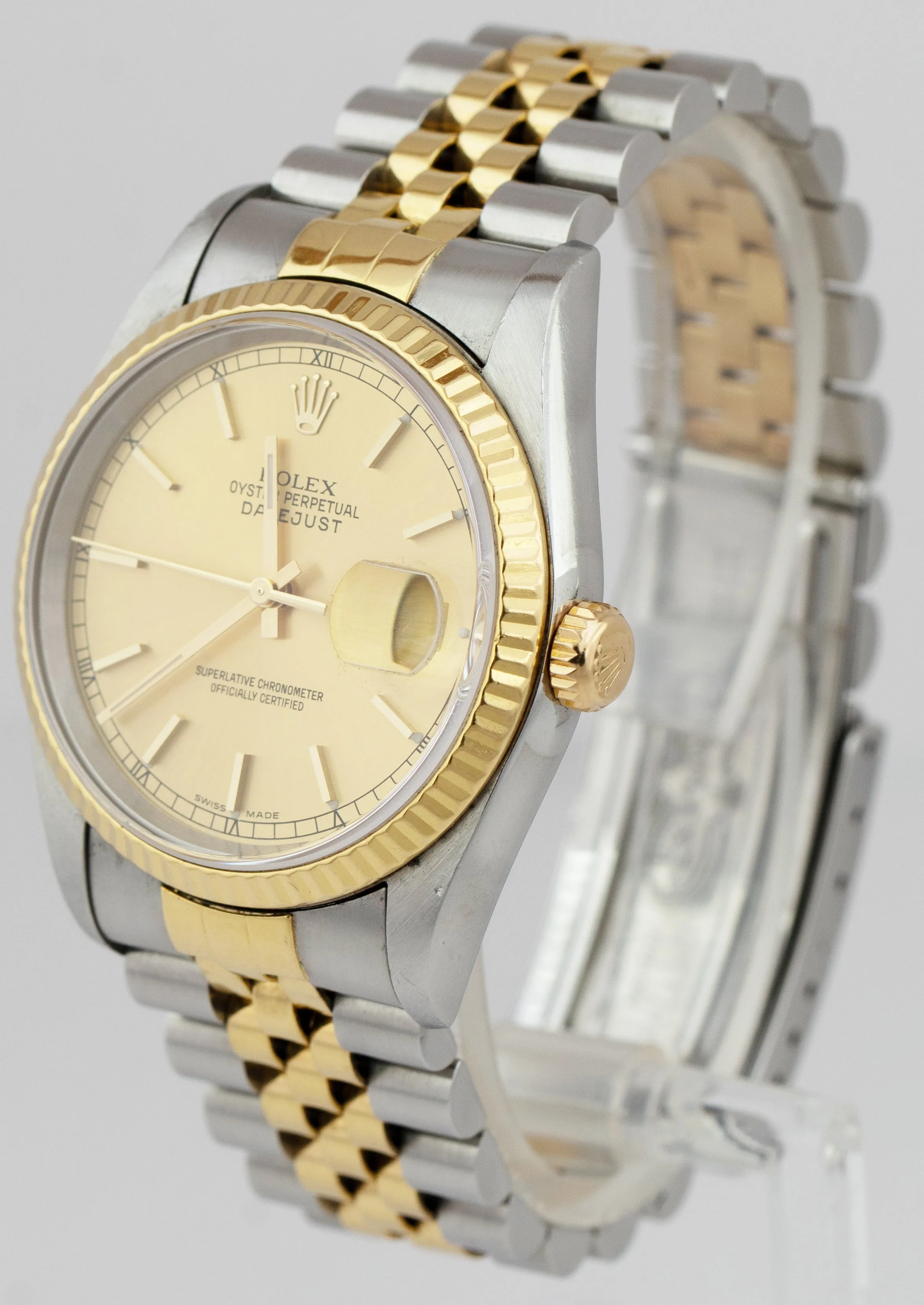 Rolex DateJust 36mm 18K Gold Steel No-Holes Case Champagne Watch 16233 PAPERS