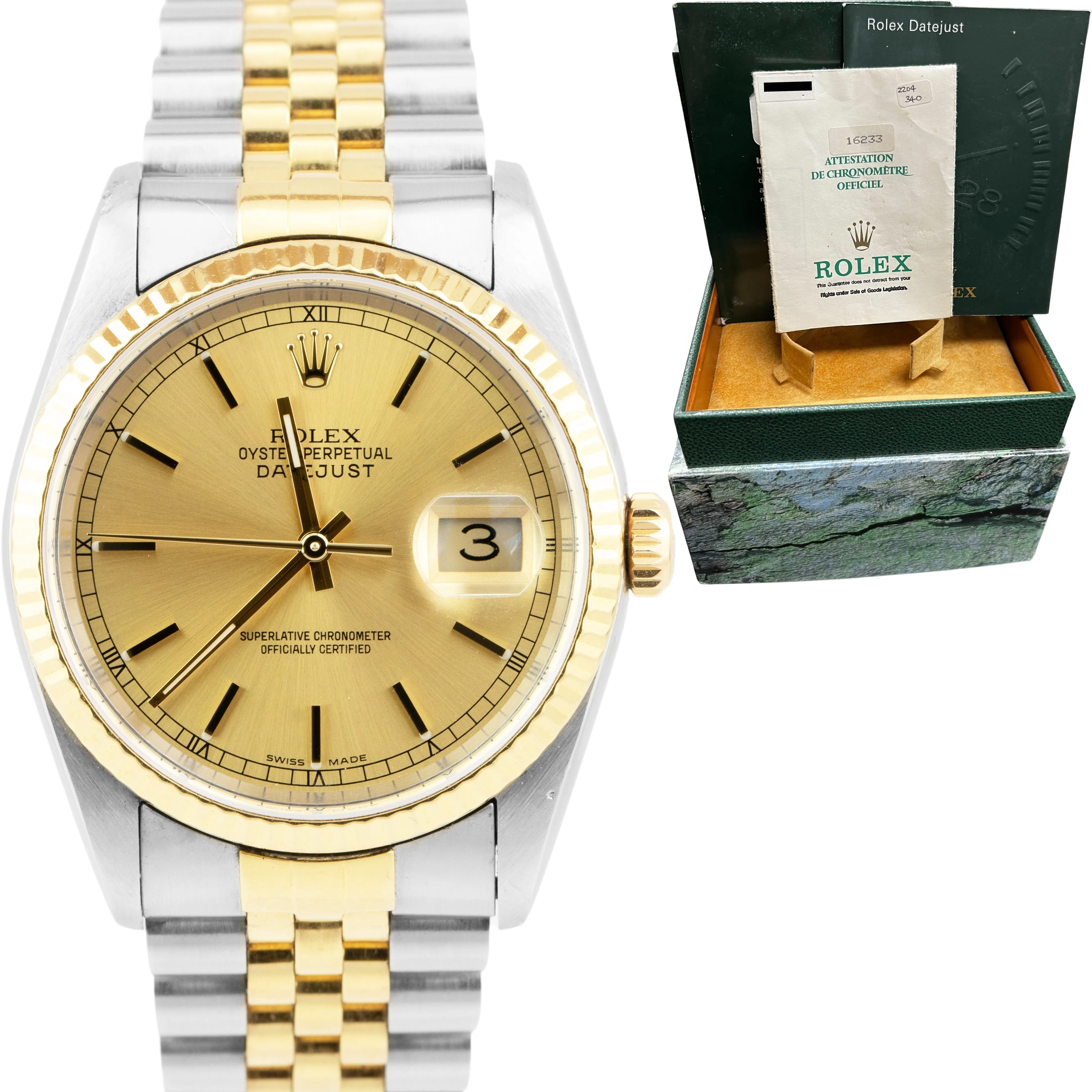 Rolex DateJust 36mm 18K Gold Steel No-Holes Case Champagne Watch 16233 PAPERS
