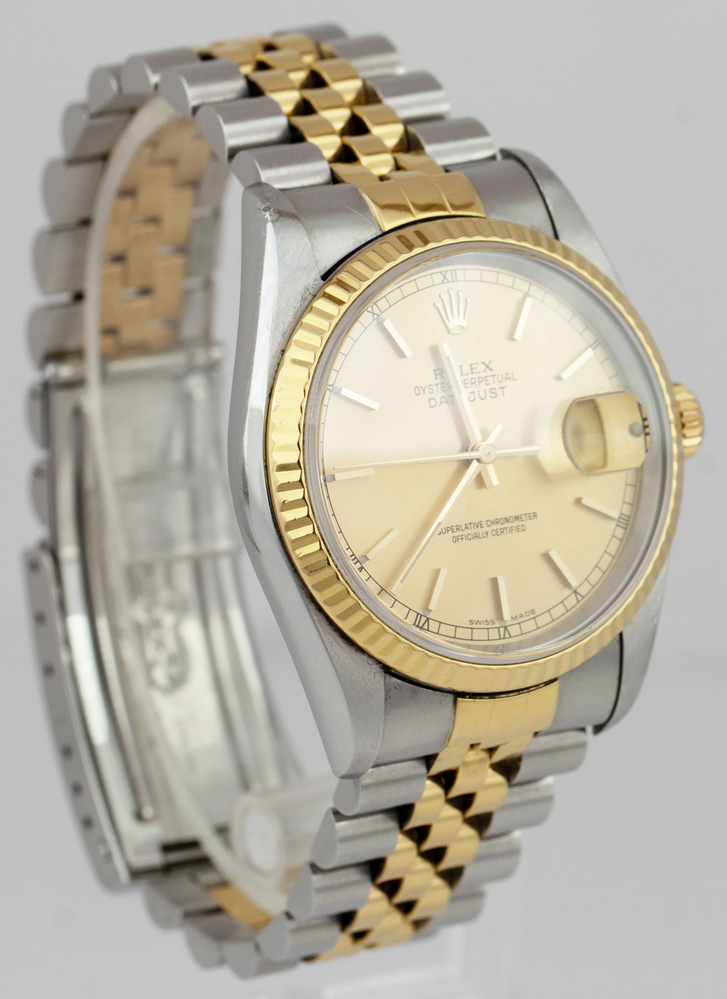 Rolex DateJust 36mm 18K Gold Steel No-Holes Case Champagne Watch 16233 PAPERS
