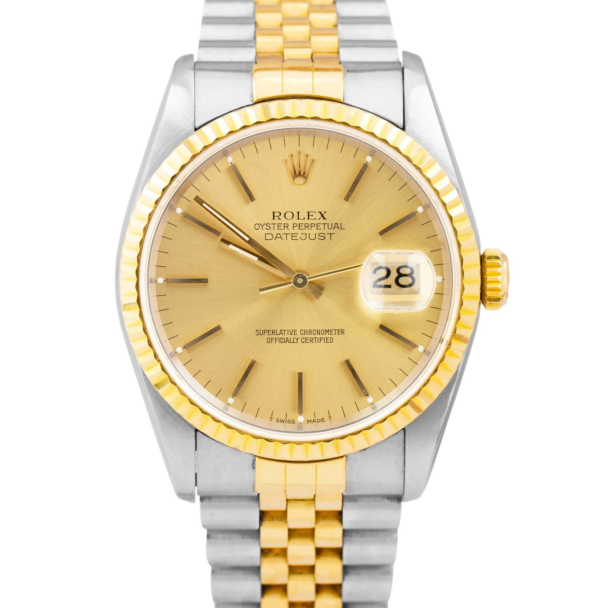 Rolex DateJust 36mm 18K Yellow Gold Steel Champagne NO-HOLES CASE Watch 16233
