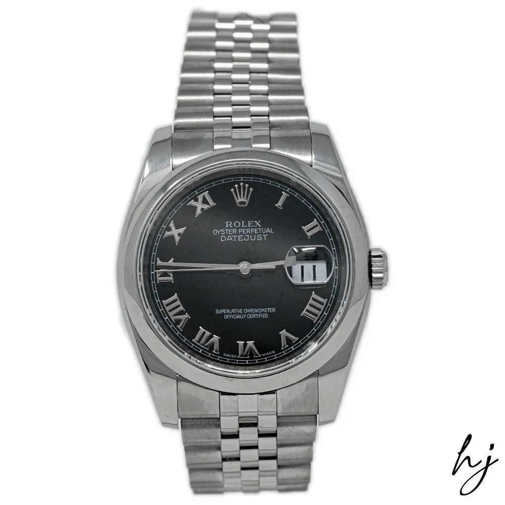 Rolex Datejust Stainless Steel 36mm Black Roman Numeral Dial Watch Reference #: 116200