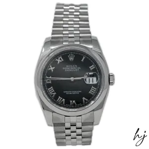 Rolex Datejust Stainless Steel 36mm Black Roman Numeral Dial Watch Reference #: 116200