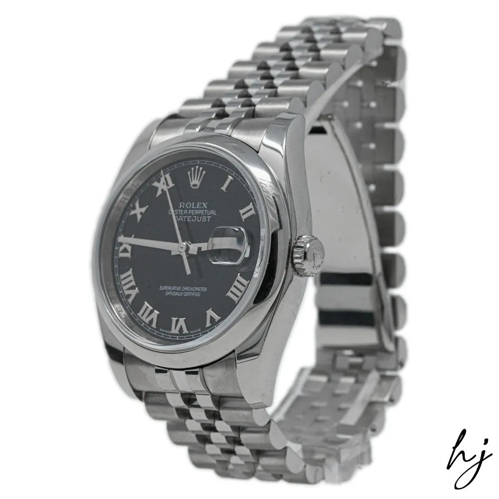 Rolex Datejust Stainless Steel 36mm Black Roman Numeral Dial Watch Reference #: 116200