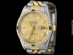 Rolex Datejust Two-Tone Mens Quick-Setting Date Watch - Stainless Steel, 18K Gold, Emeralds & Diamonds