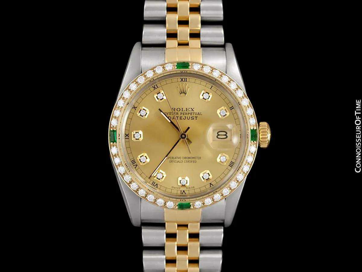 Rolex Datejust Two-Tone Mens Quick-Setting Date Watch - Stainless Steel, 18K Gold, Emeralds & Diamonds