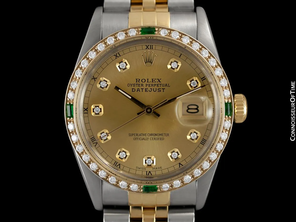 Rolex Datejust Two-Tone Mens Quick-Setting Date Watch - Stainless Steel, 18K Gold, Emeralds & Diamonds