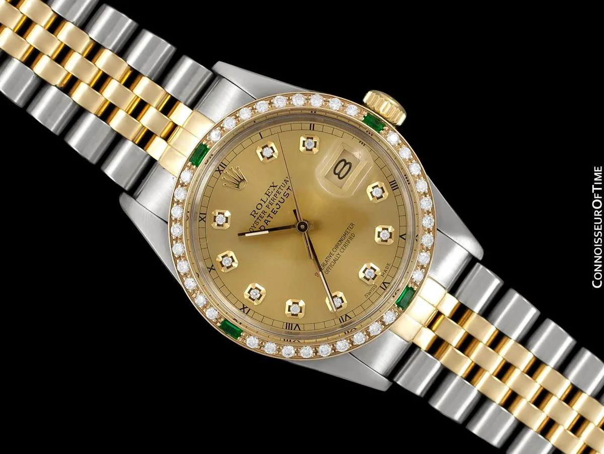 Rolex Datejust Two-Tone Mens Quick-Setting Date Watch - Stainless Steel, 18K Gold, Emeralds & Diamonds