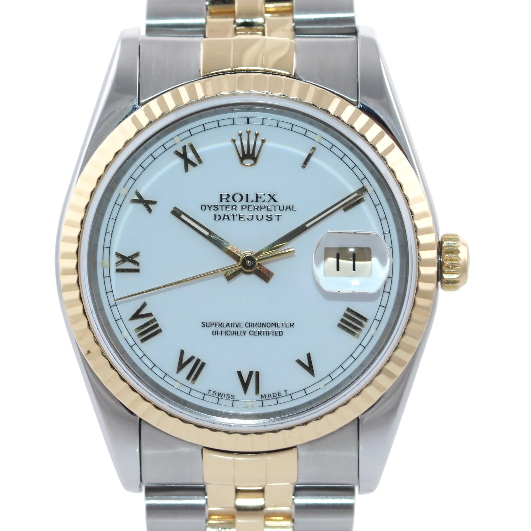 Rolex DateJust WHITE ROMAN 16233 Two Tone 18k Gold Steel Jubilee Watch Box