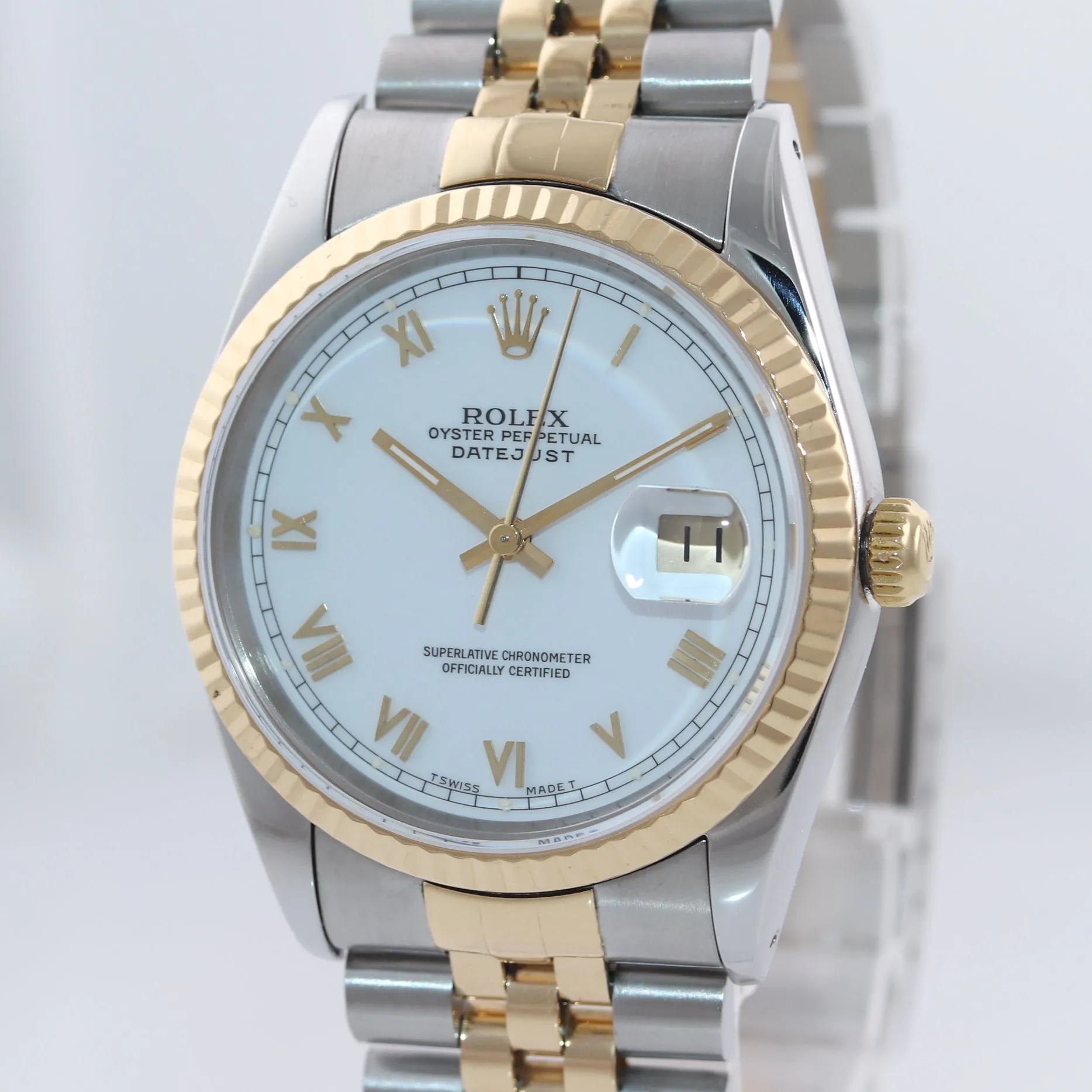 Rolex DateJust WHITE ROMAN 16233 Two Tone 18k Gold Steel Jubilee Watch Box