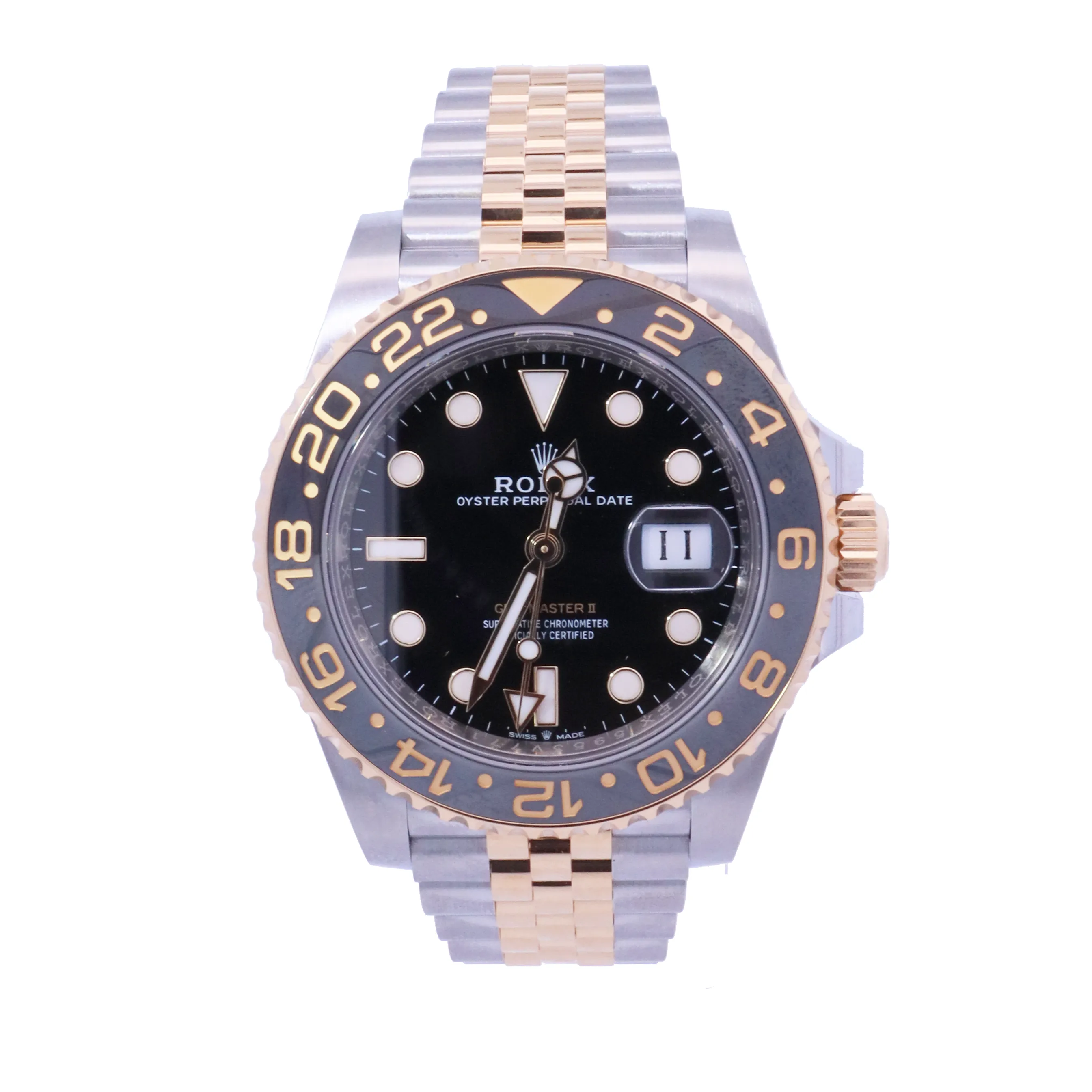 Rolex GMT-Master II Yellow Gold & Stainless Steel 40mm Black Dot Dial Watch | Ref# 126713GRNR