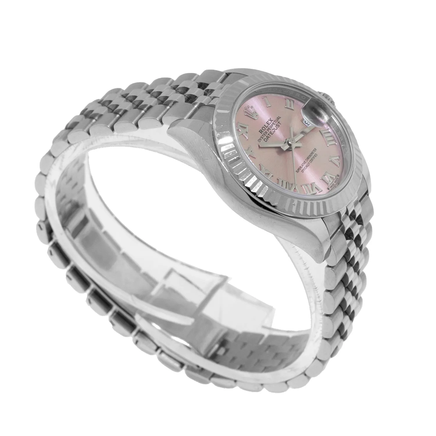 Rolex Lady-Datejust 28mm White Gold Steel Pink Roman Dial Fluted Bezel 279174