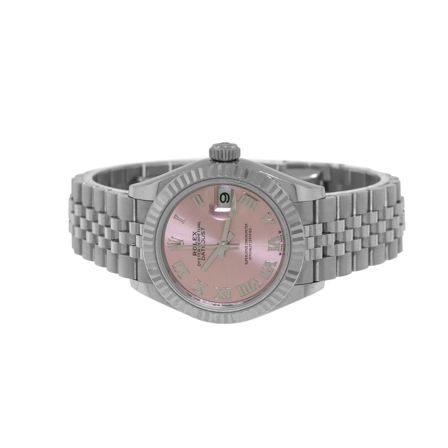 Rolex Lady-Datejust 28mm White Gold Steel Pink Roman Dial Fluted Bezel 279174