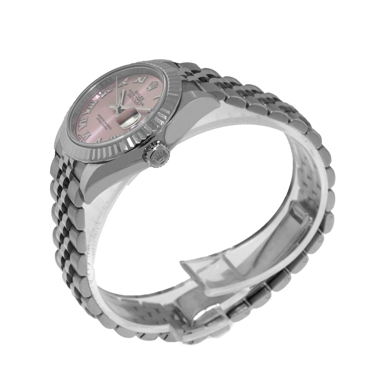 Rolex Lady-Datejust 28mm White Gold Steel Pink Roman Dial Fluted Bezel 279174