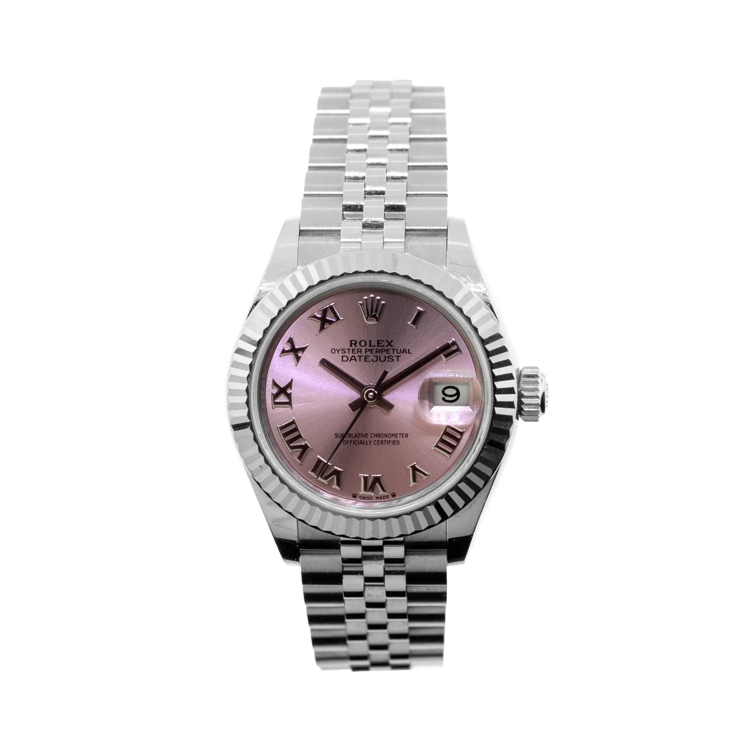 Rolex Lady-Datejust 28mm White Gold Steel Pink Roman Dial Fluted Bezel 279174