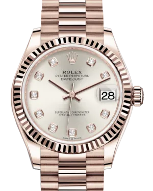 Rolex Lady-Datejust 31 Rose Gold Silver Diamond Dial & Fluted Bezel President Bracelet 278275
