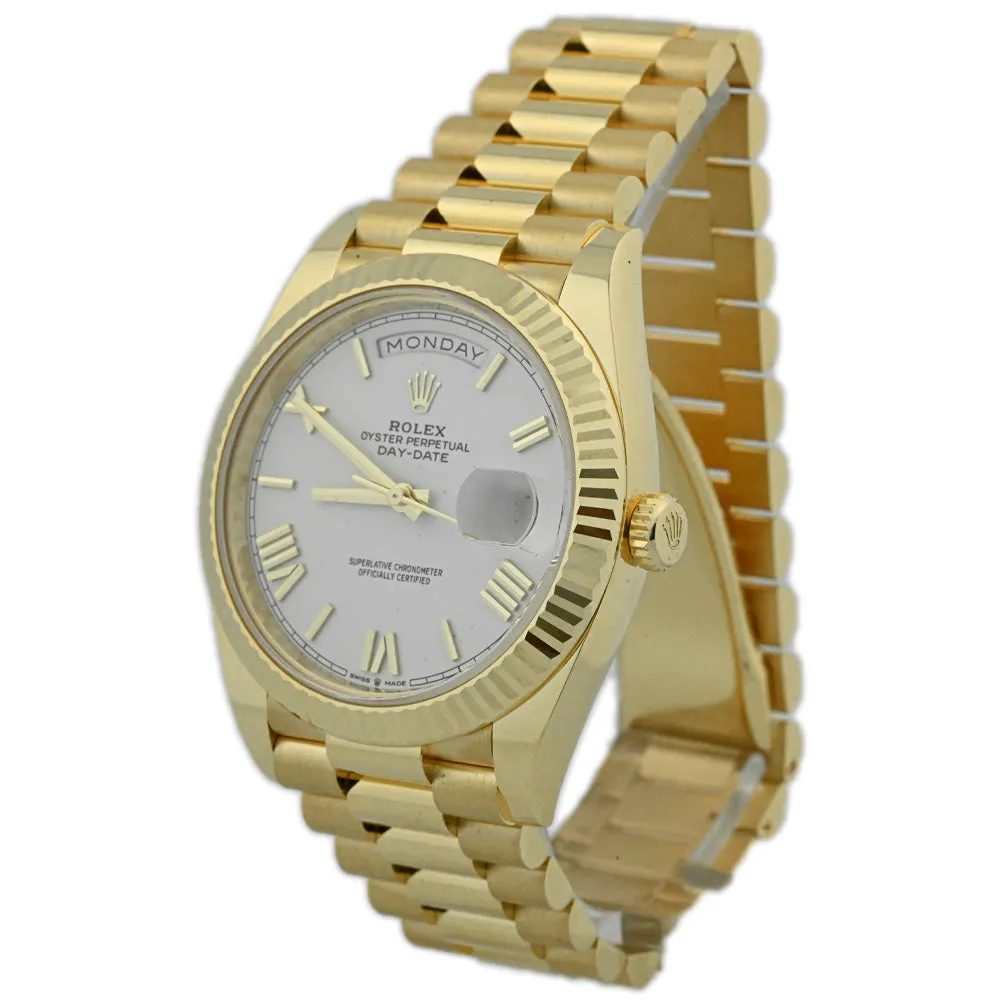 Rolex Men's Day-Date 40 18K Yellow Gold 40mm White Roman Dial Watch Reference #: 228238