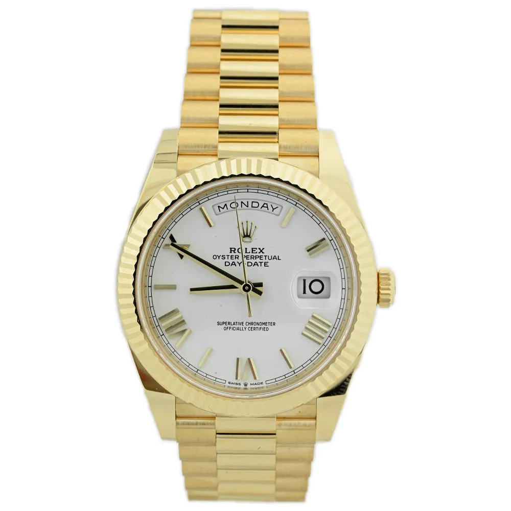 Rolex Men's Day-Date 40 18K Yellow Gold 40mm White Roman Dial Watch Reference #: 228238