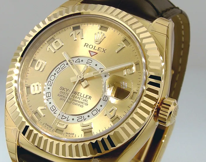 Rolex Sky-Dweller 42mm Yellow Gold Champagne Arabic Dial Fluted Bezel 326138