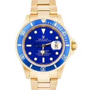 Rolex Submariner Date 18K Yellow Gold BLUE 40mm Automatic Oyster Watch 16618 LB