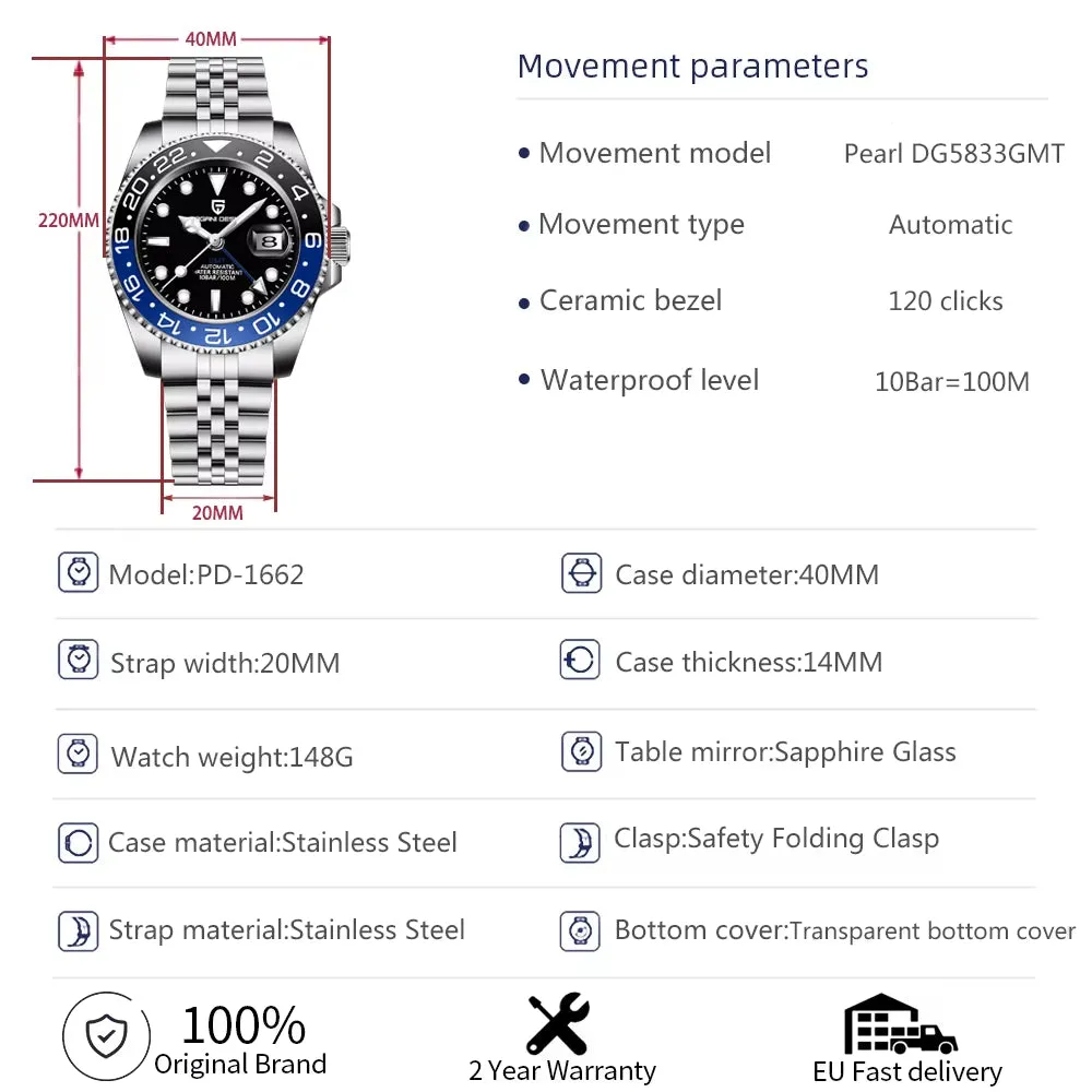 Sapphire Glass 40MM Ceramic GMT Mechanical Watches 100M Waterproof Classic Luxury Men Automatic Watch Reloj Hombre