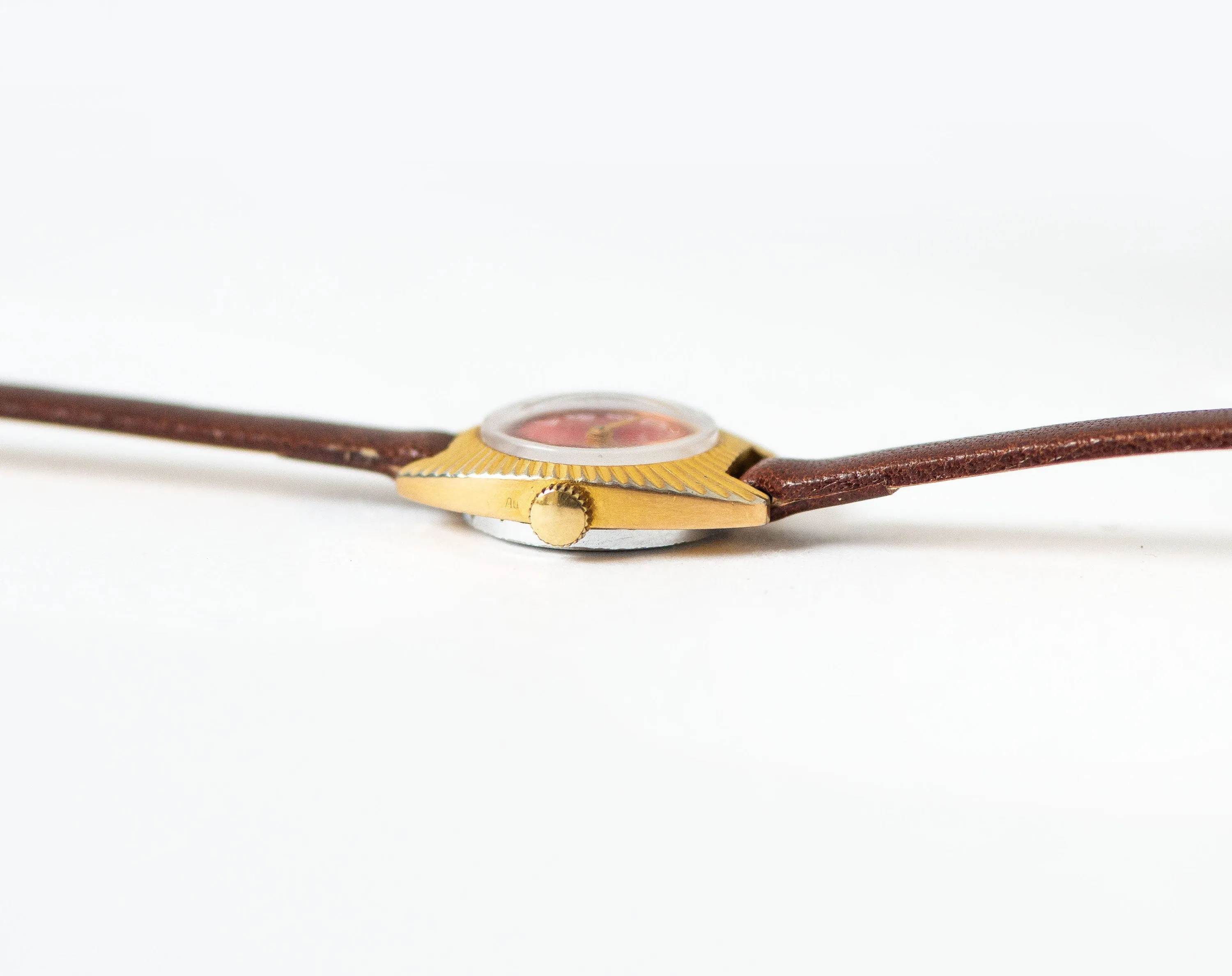 Sunburst case women watch red gold plated, women wristwatch limited edition Seagull, vintage rare design watch tiny gift, new leather strap