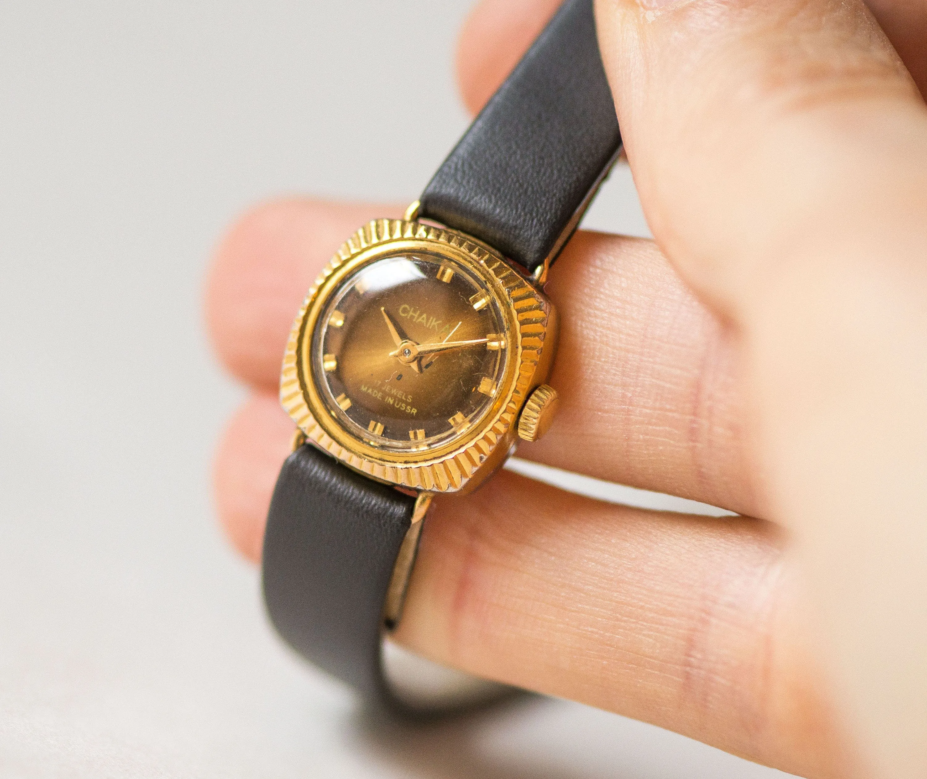 Sunburst case women wristwatch Seagull, gold plated square lady watch vintage, brown dial watch tiny jewelry gift, new premium leather strap