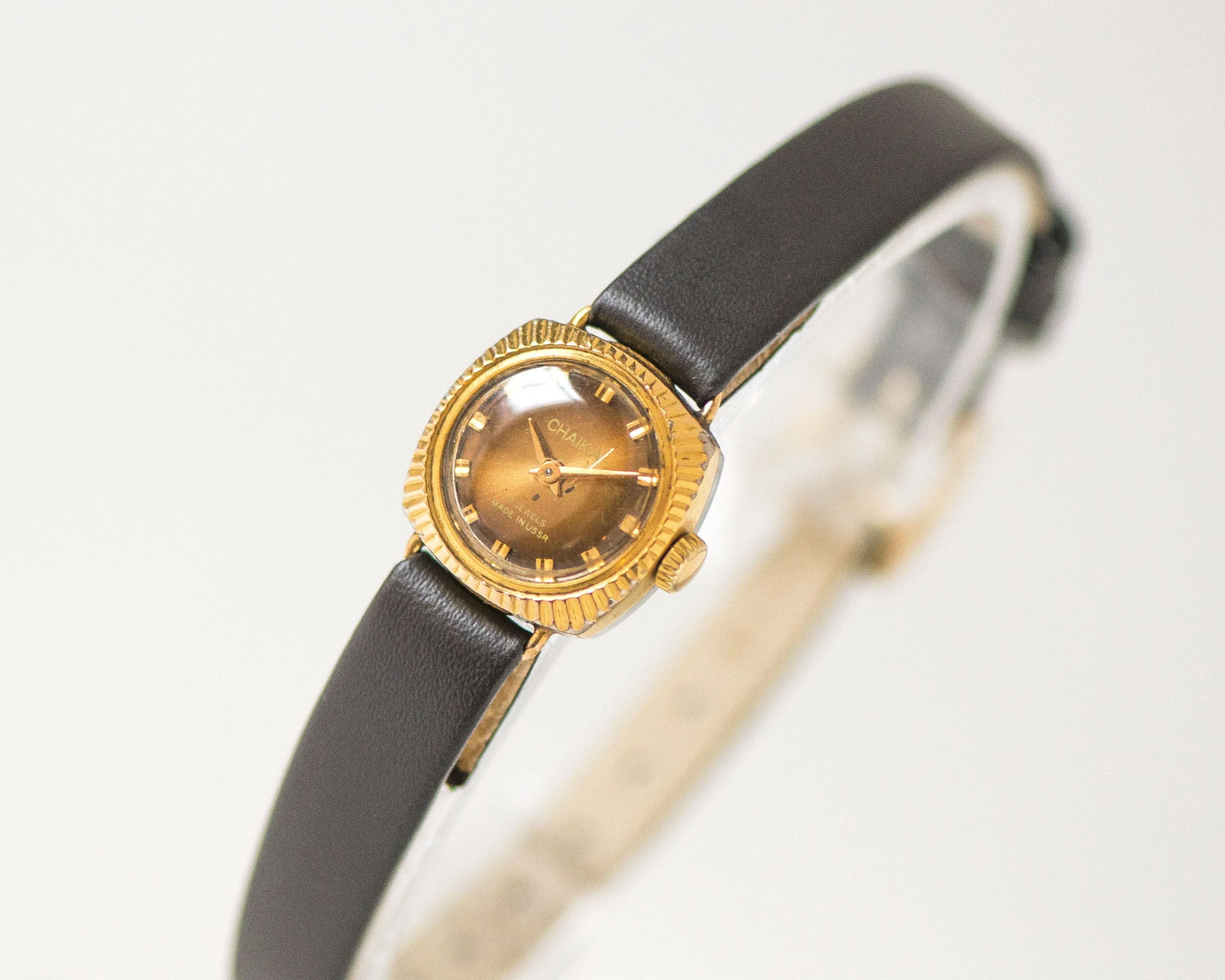 Sunburst case women wristwatch Seagull, gold plated square lady watch vintage, brown dial watch tiny jewelry gift, new premium leather strap