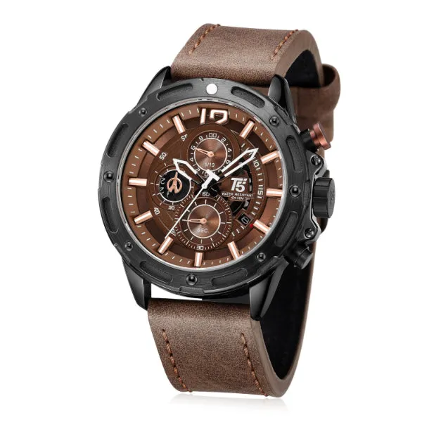 T5 Brown Leather Strap Brown Dial Chronograph Quartz Watch for Gents - H3639G-B