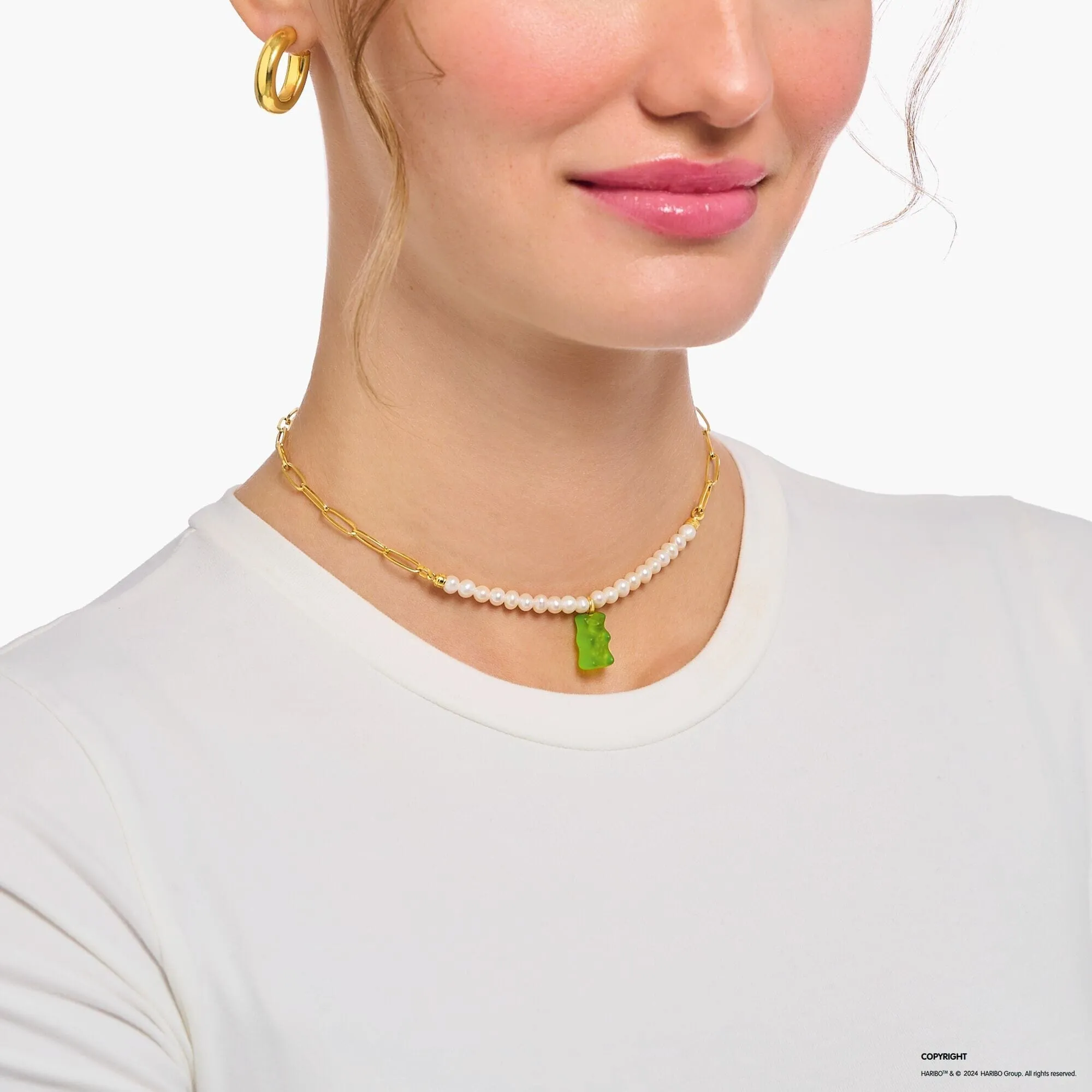THOMAS SABO Link necklace with green goldbears & freshwater pearls