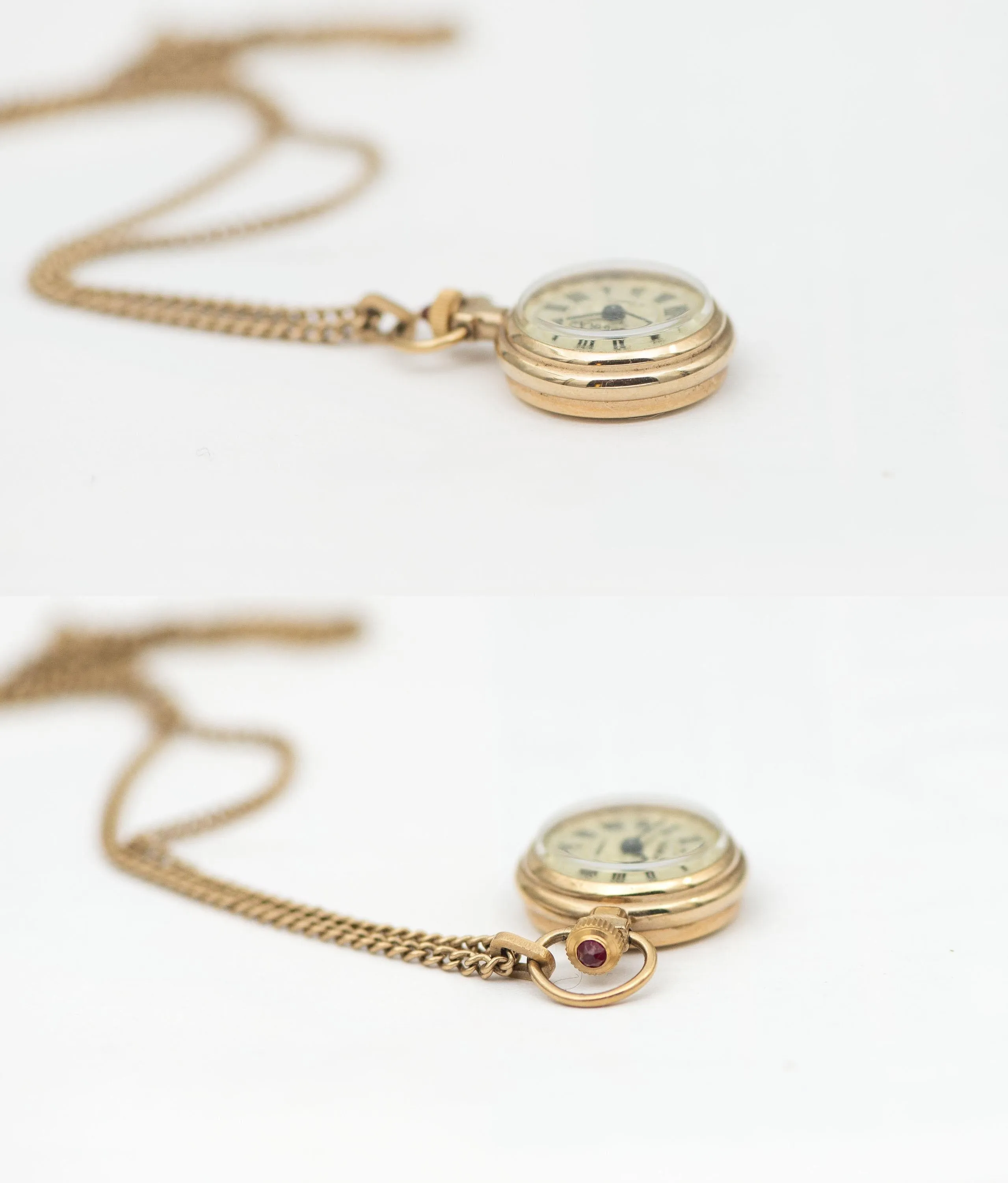 Tiny women's watch necklace vintage pendant Seagull, gold plated Roman numerals watch on neck gift, women watch on chain delicate sunburst