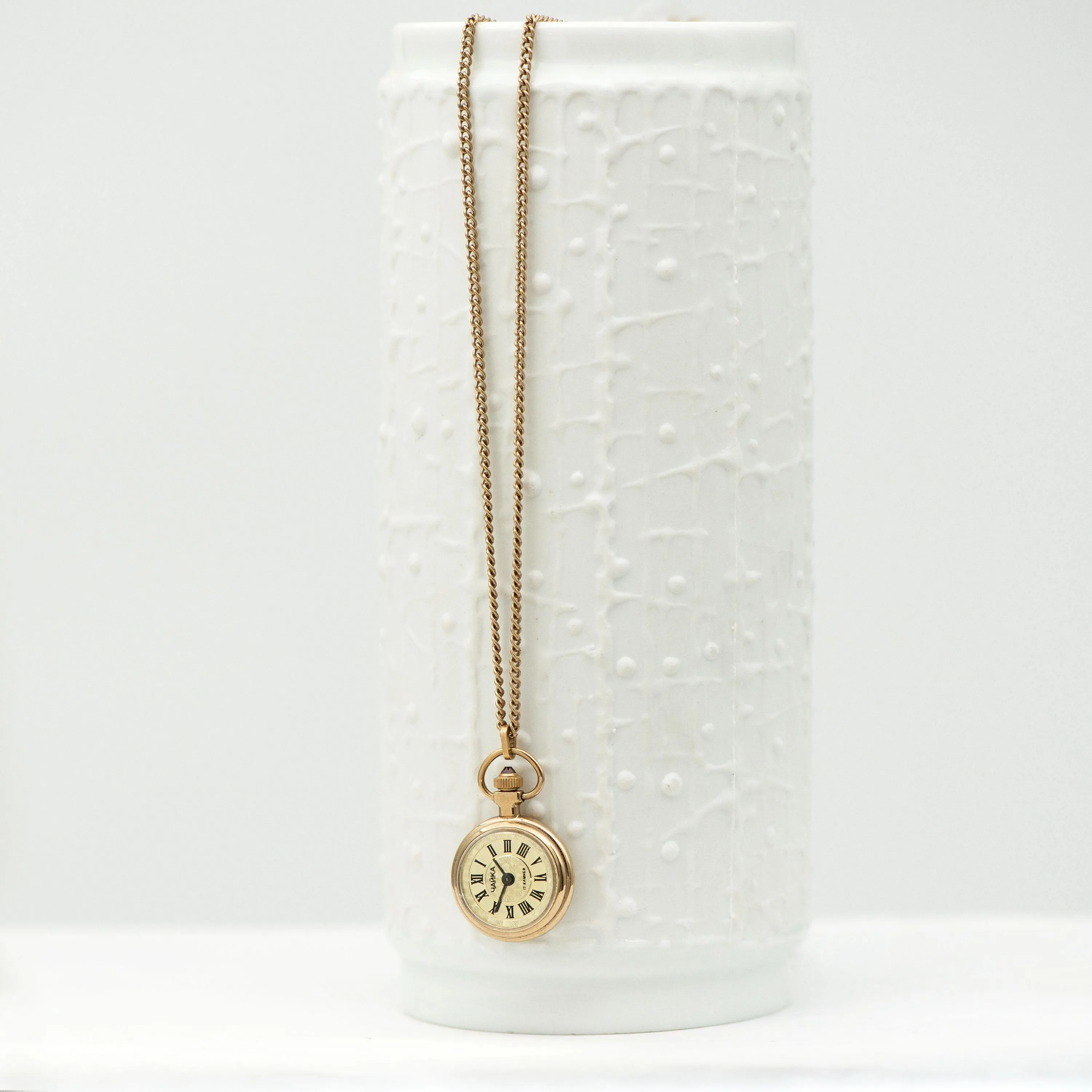 Tiny women's watch necklace vintage pendant Seagull, gold plated Roman numerals watch on neck gift, women watch on chain delicate sunburst
