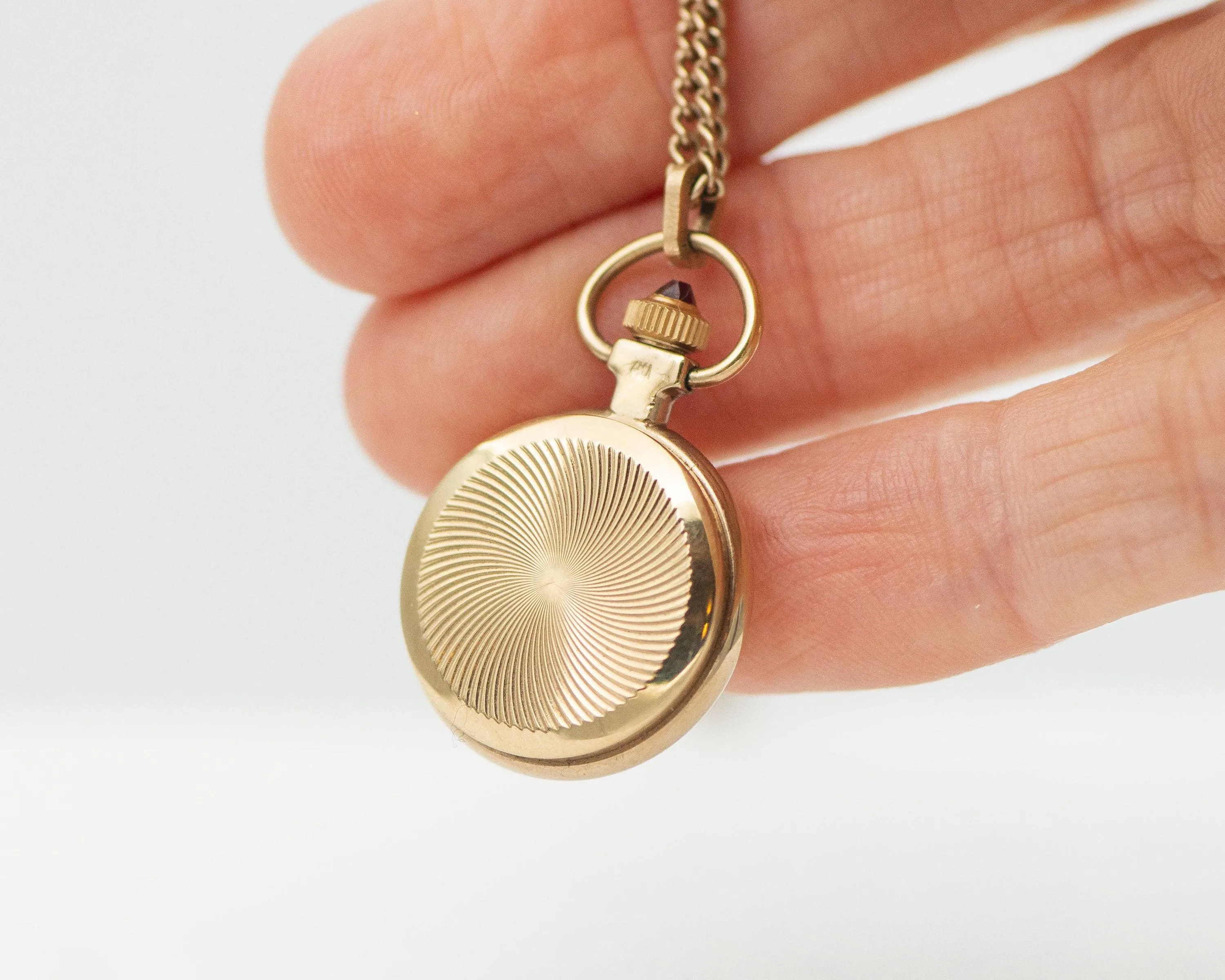 Tiny women's watch necklace vintage pendant Seagull, gold plated Roman numerals watch on neck gift, women watch on chain delicate sunburst