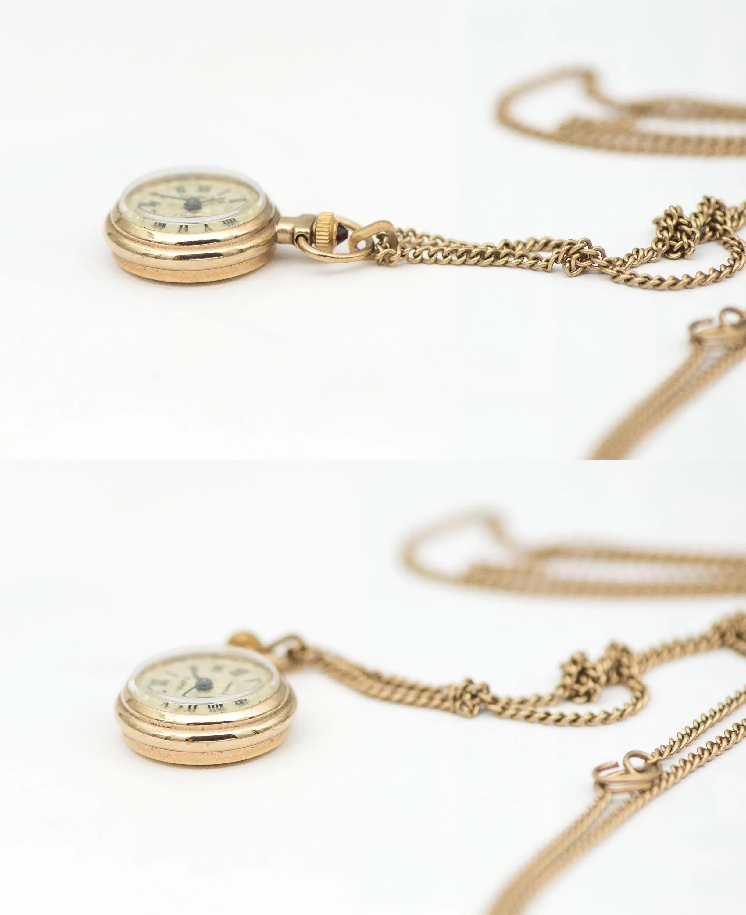 Tiny women's watch necklace vintage pendant Seagull, gold plated Roman numerals watch on neck gift, women watch on chain delicate sunburst