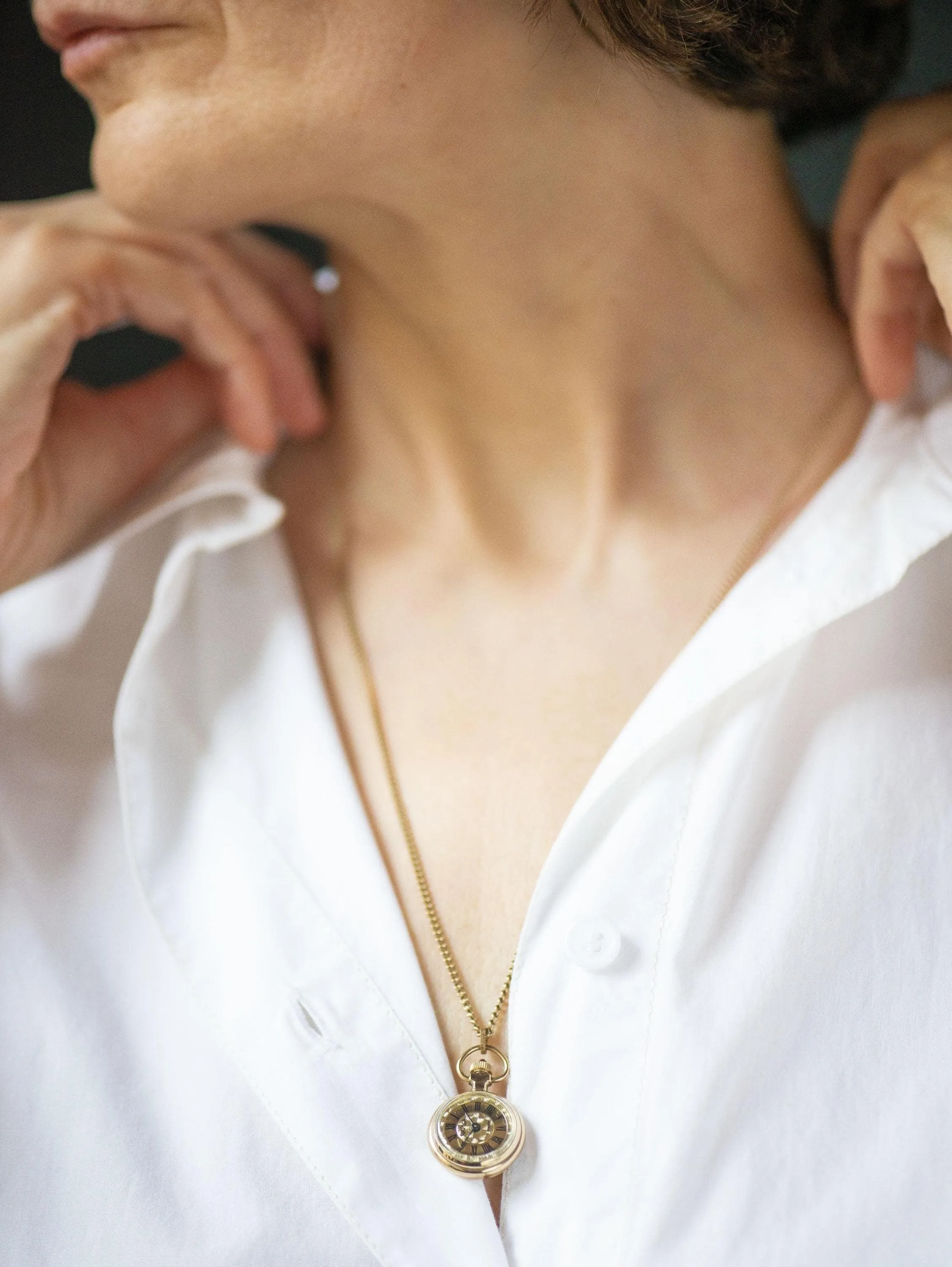 Tiny women's watch necklace vintage pendant Seagull, gold plated Roman numerals watch on neck gift, women watch on chain delicate sunburst
