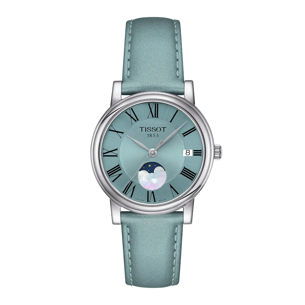 Tissot Carson Premium Lady Moonphase Stainless Steel Light Blue Dial and Leather Strap Watch