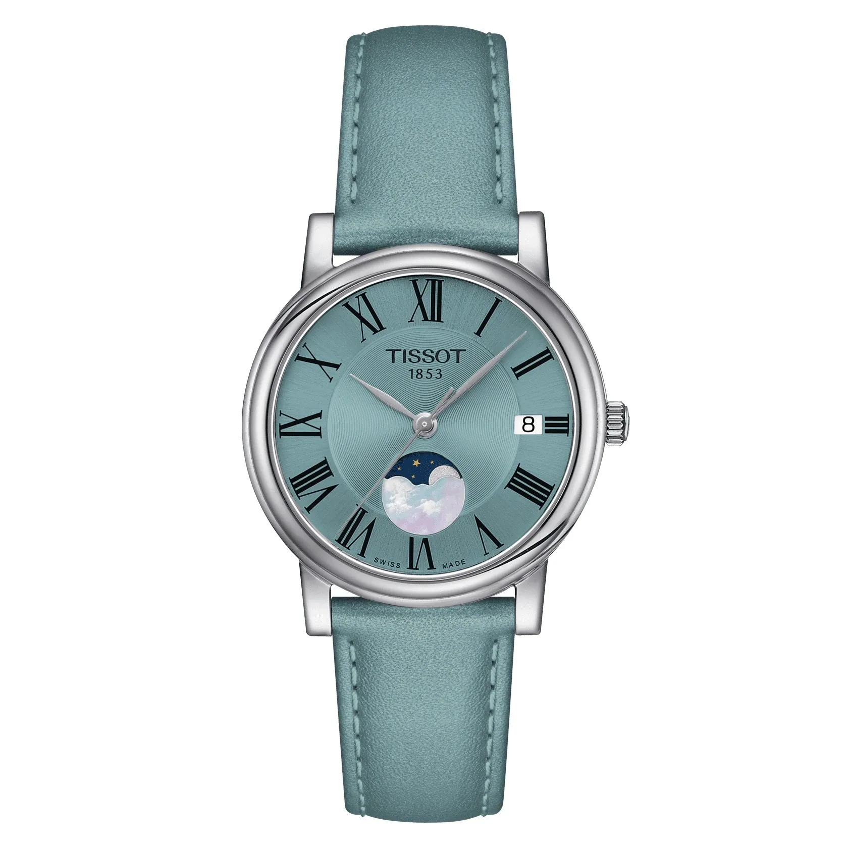 Tissot Carson Premium Lady Moonphase Stainless Steel Light Blue Dial and Leather Strap Watch