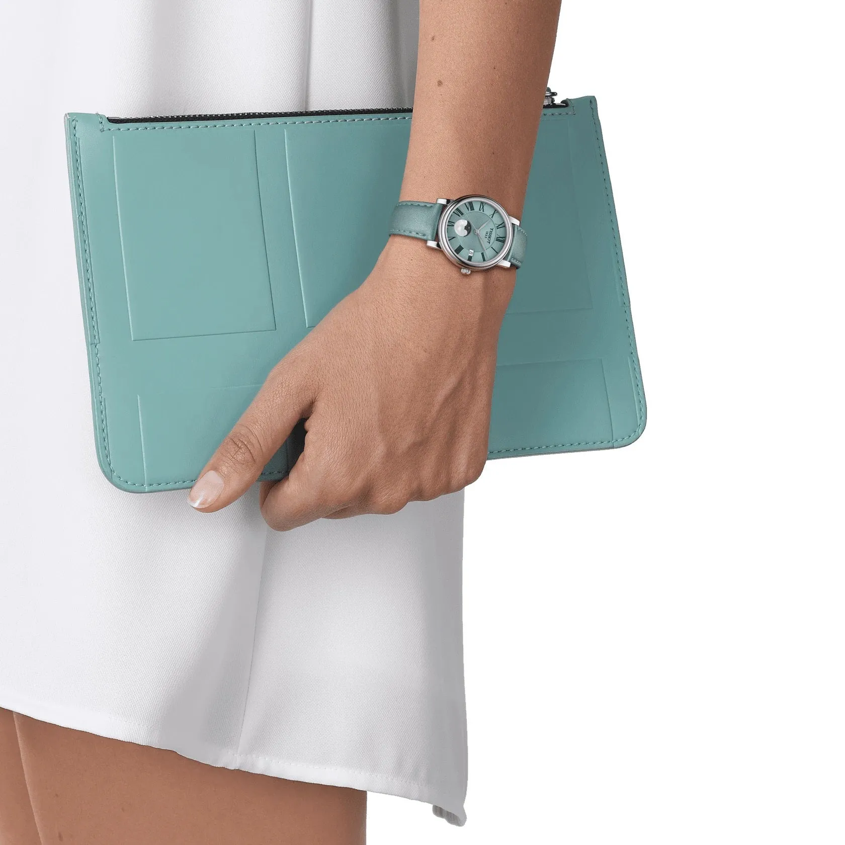 Tissot Carson Premium Lady Moonphase Stainless Steel Light Blue Dial and Leather Strap Watch
