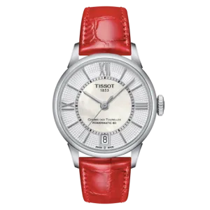 Tissot Chemin Des Tourelles Powermatic 80 Ladies Mother of Pearl Dial Red Leather Strap Watch