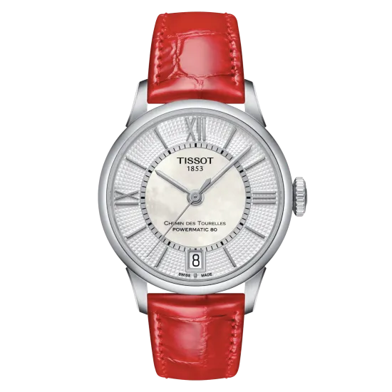 Tissot Chemin Des Tourelles Powermatic 80 Ladies Mother of Pearl Dial Red Leather Strap Watch