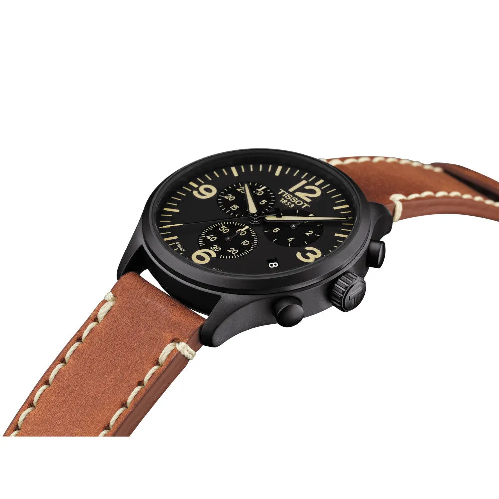 Tissot Chrono XL Mens Black Tone Black Dial Beige Leather Strap Watch