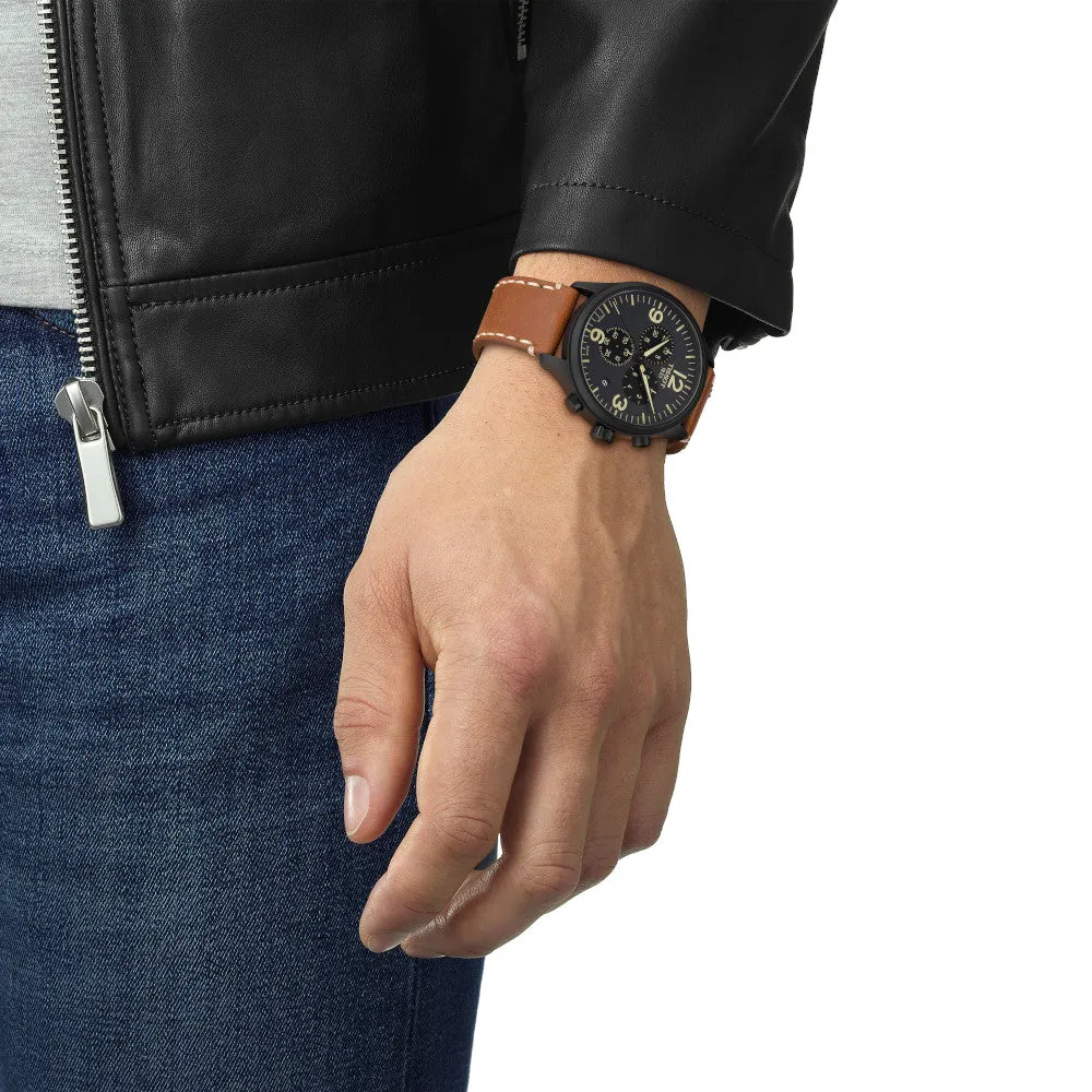 Tissot Chrono XL Mens Black Tone Black Dial Beige Leather Strap Watch