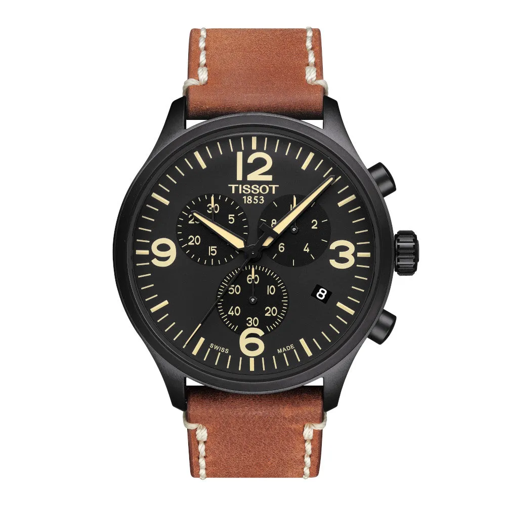 Tissot Chrono XL Mens Black Tone Black Dial Beige Leather Strap Watch