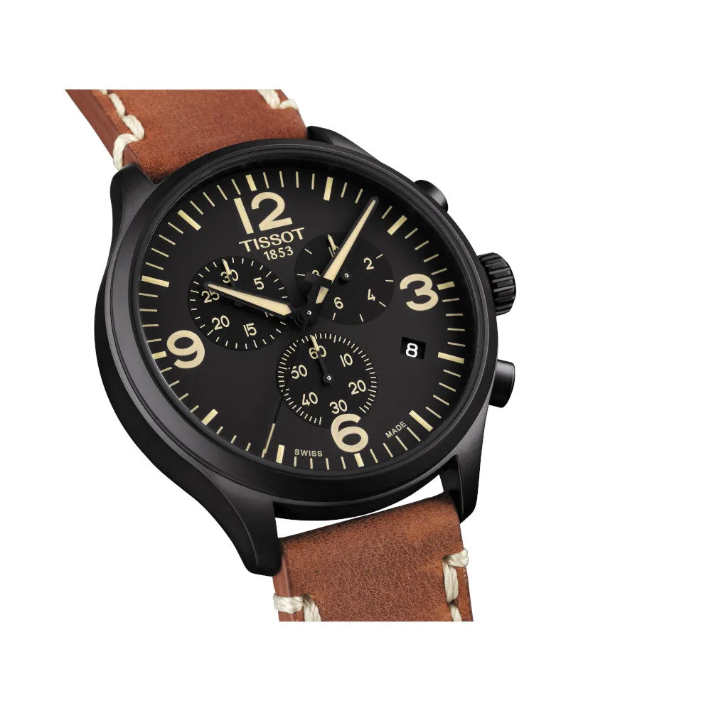 Tissot Chrono XL Mens Black Tone Black Dial Beige Leather Strap Watch