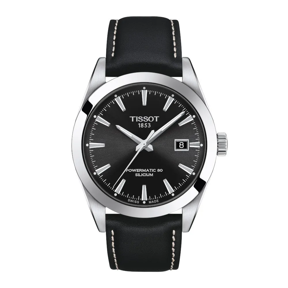 Tissot Powermatic 80 Silicium Mens Stainless Steel Black Dial Black Leather Strap Watch
