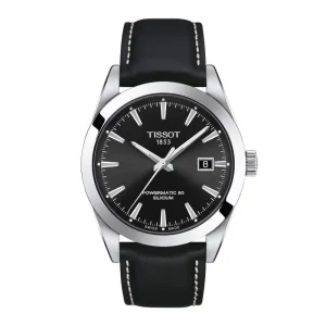 Tissot Powermatic 80 Silicium Mens Stainless Steel Black Dial Black Leather Strap Watch