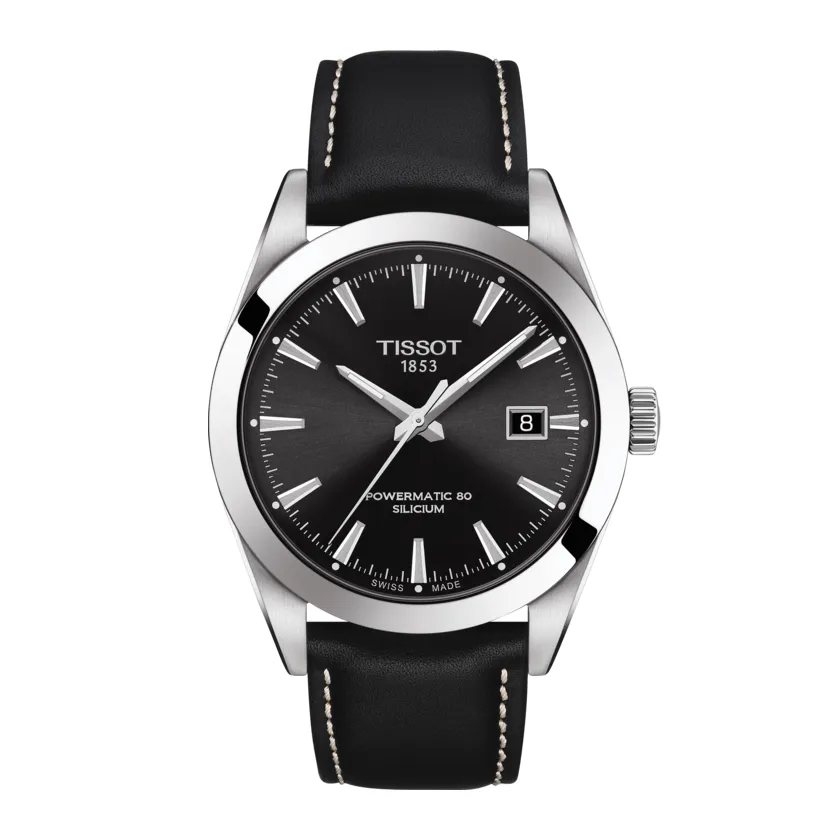 Tissot Powermatic 80 Silicium Mens Stainless Steel Black Dial Black Leather Strap Watch