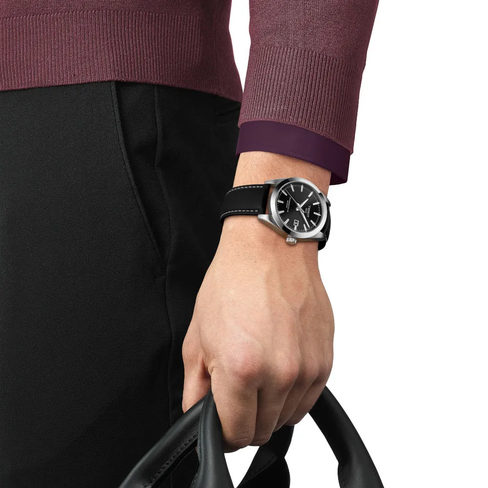 Tissot Powermatic 80 Silicium Mens Stainless Steel Black Dial Black Leather Strap Watch