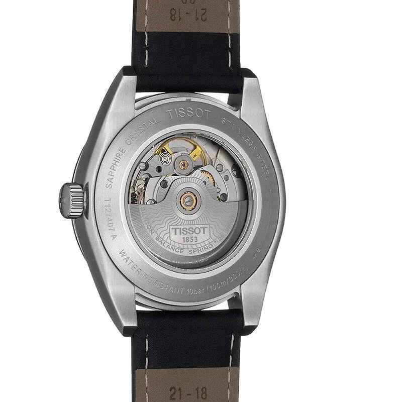 Tissot Powermatic 80 Silicium Mens Stainless Steel Black Dial Black Leather Strap Watch