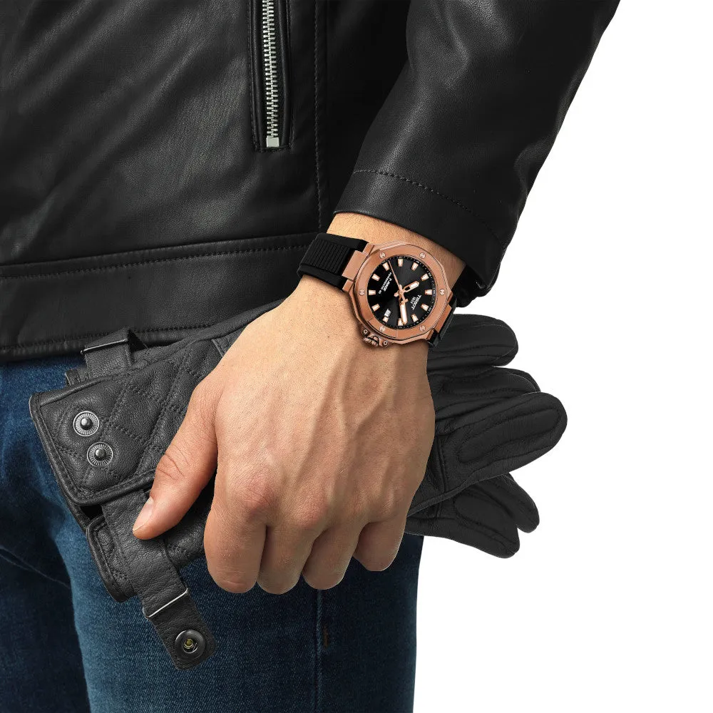 Tissot T-Race Mens Rose Tone Black Dial Black Rubber Strap Watch